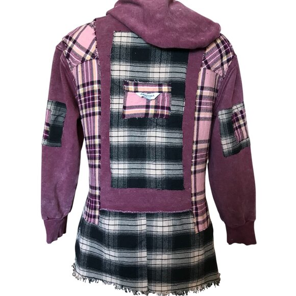 Upcycled Patchwork Hoodie, S-M: Distressed Magenta Grunge Sweater, Campus Style - Picture 10 of 16